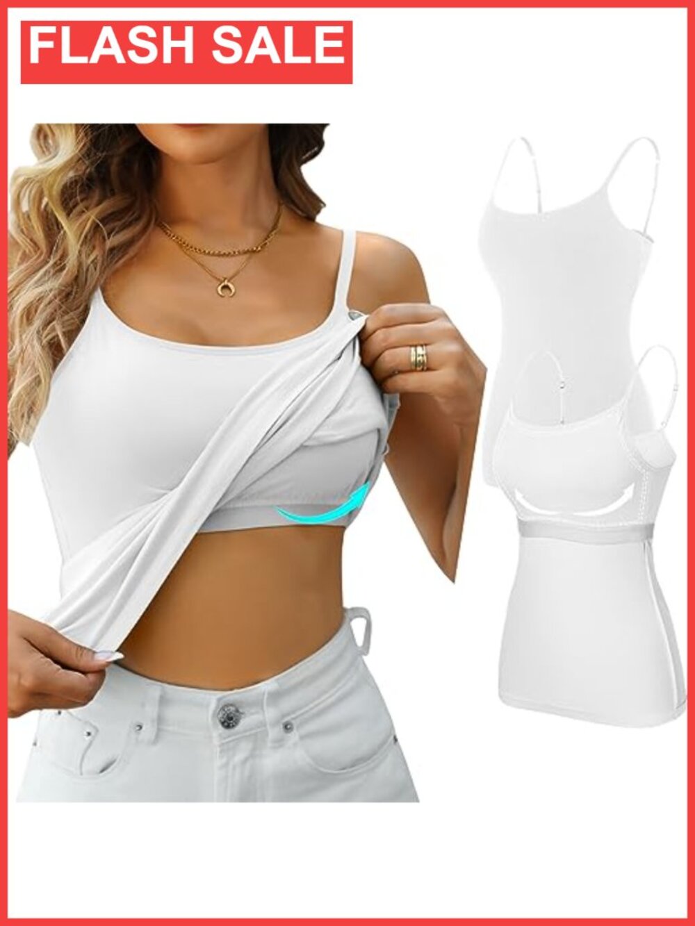 Women's Cotton Camisole Tank Top with Built-in Shelf Bra Adjustable Strap 2 Pack